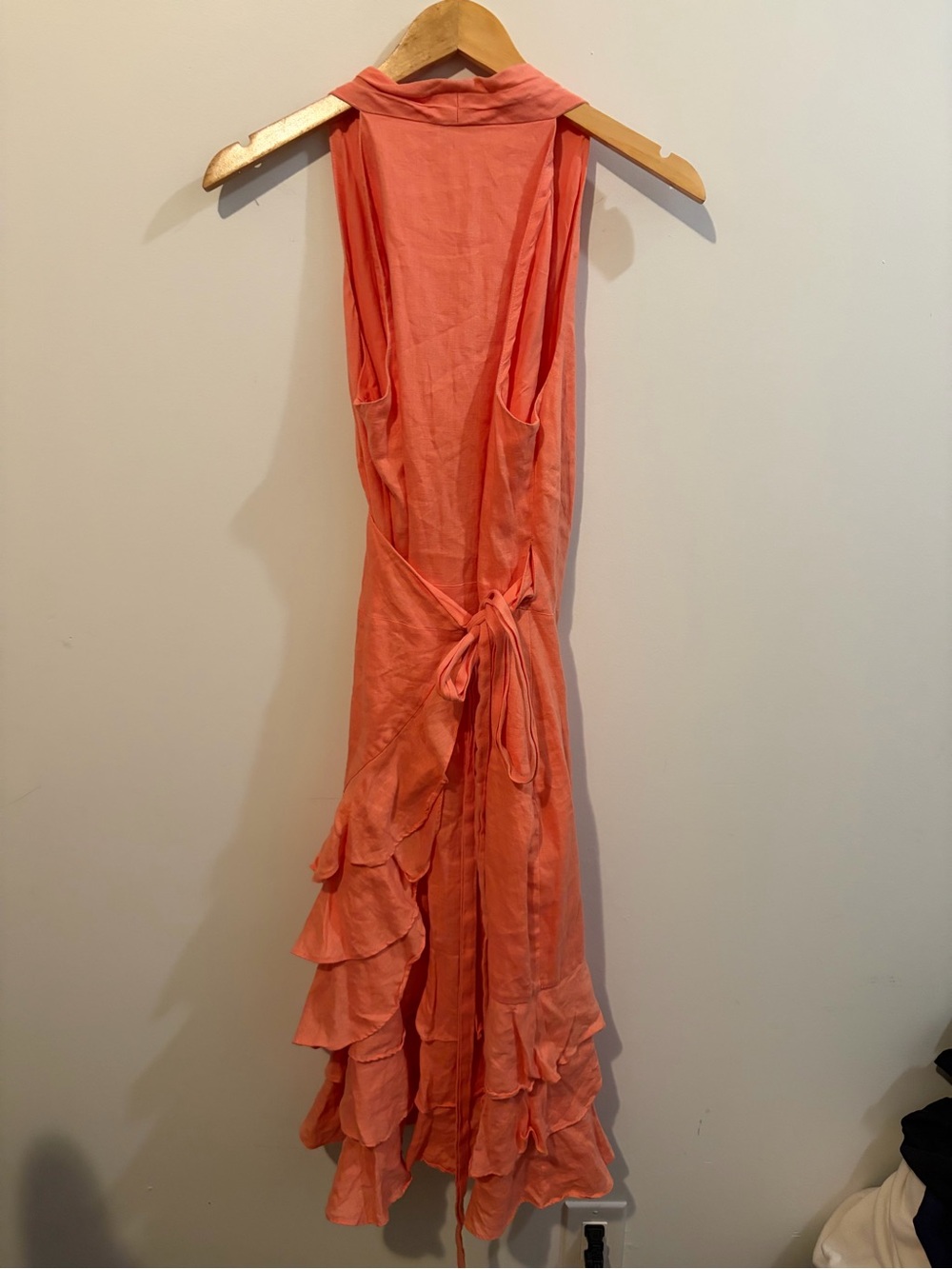 Ralph Lauren Peach 100% Linen A-Line Ruffle Halter Midi Wrap Sun Dress Size 12 - Picture 5 of 12